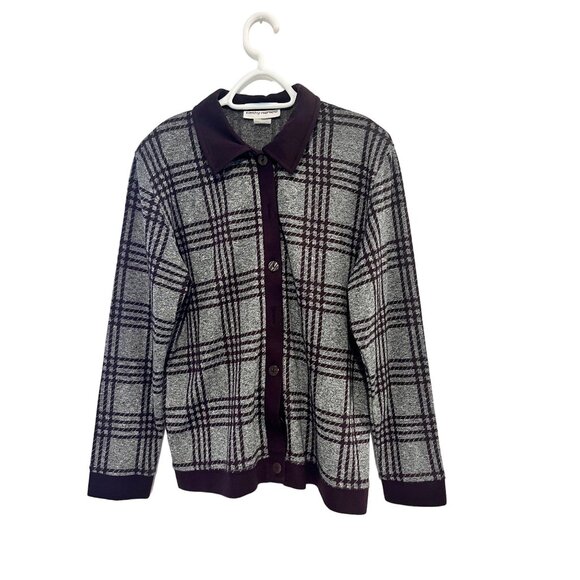 Cathy Daniels Womens Plaid Knit Cardigan Sweater Button Up Sz M Burgundy Gray - Picture 1 of 8
